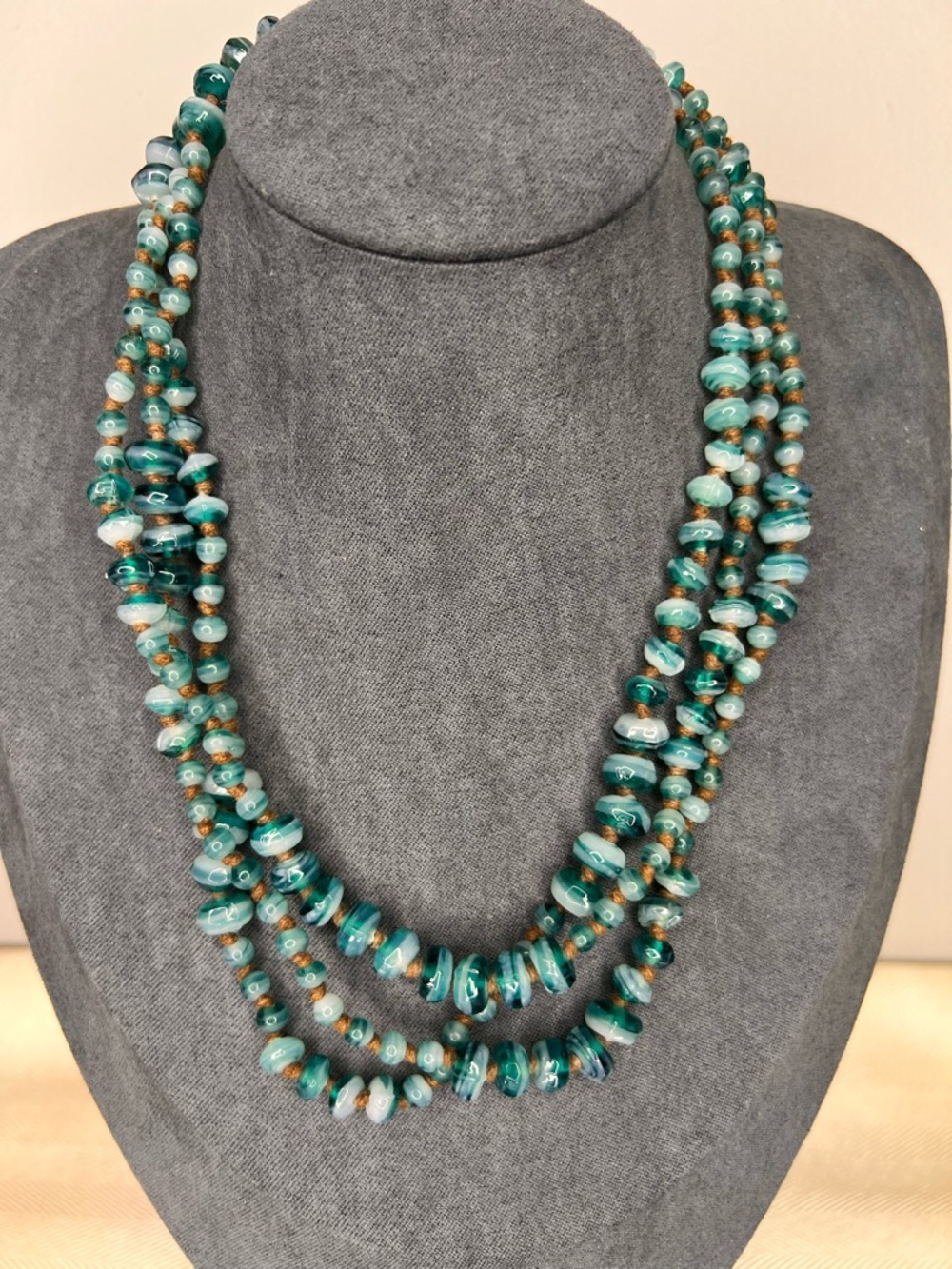 Glass Faceted Teal and White Hand Knotted Bead Necklace Handcrafted